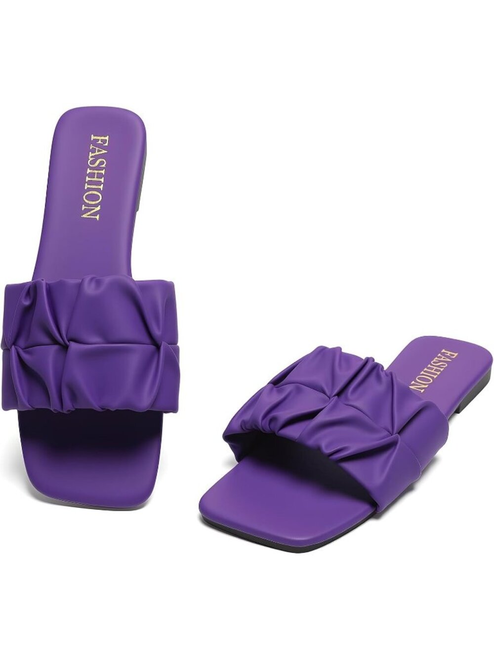 Women's Purple Pleated Square Toe Slide Sandals Summer Trendy Wedding Flat Shoes